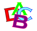 The letters A, B, C, and D jumbled together, in different colors, on top of one another